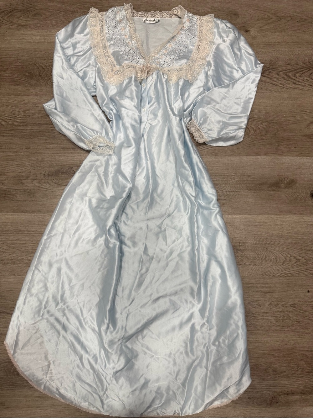 Dior Light Blue Satin Nightgown with Cream Lace Trim